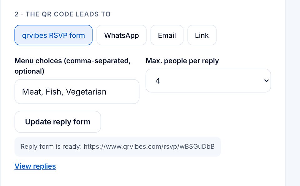 ส่วนปลายทางของ QR โค้ดที่เลือกแบบฟอร์มตอบรับ qrvibes ตัวเลือกเมนู จำนวนคนสูงสุด ปุ่มอัปเดตแบบฟอร์ม และลิงก์ดูคำตอบ